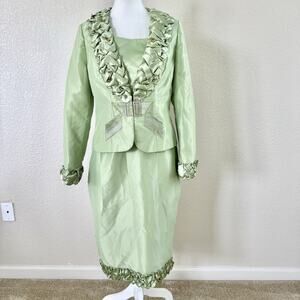 Ashro Bright Green Church Suit 2pc Ruffle Rhinestone Skirt Set Size 8 Sh Pads